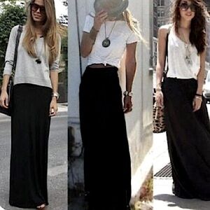 Flowy Black Chiffon Fitted Top Flare Bottom Paneled Maxi Skirt